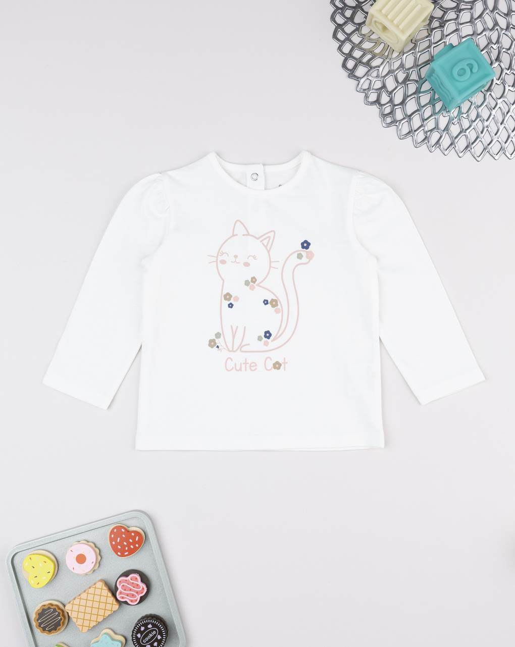 T-shirt bimba bianca stampa gattino