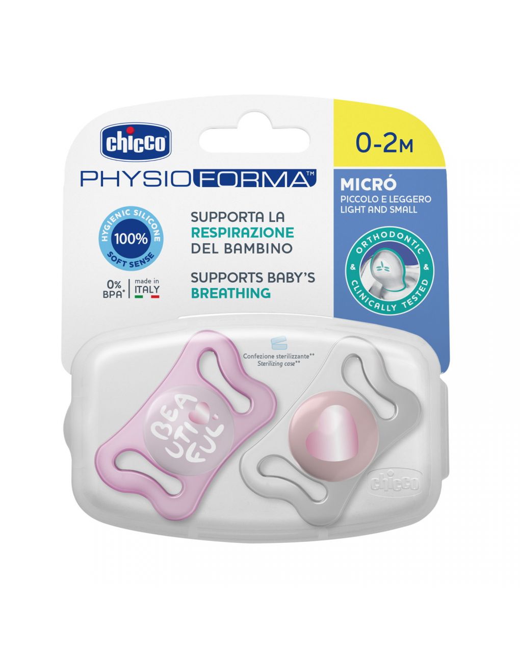 Succhietto physioforma micrò pink silicone 0-2 mesi 2 pezzi - chicco