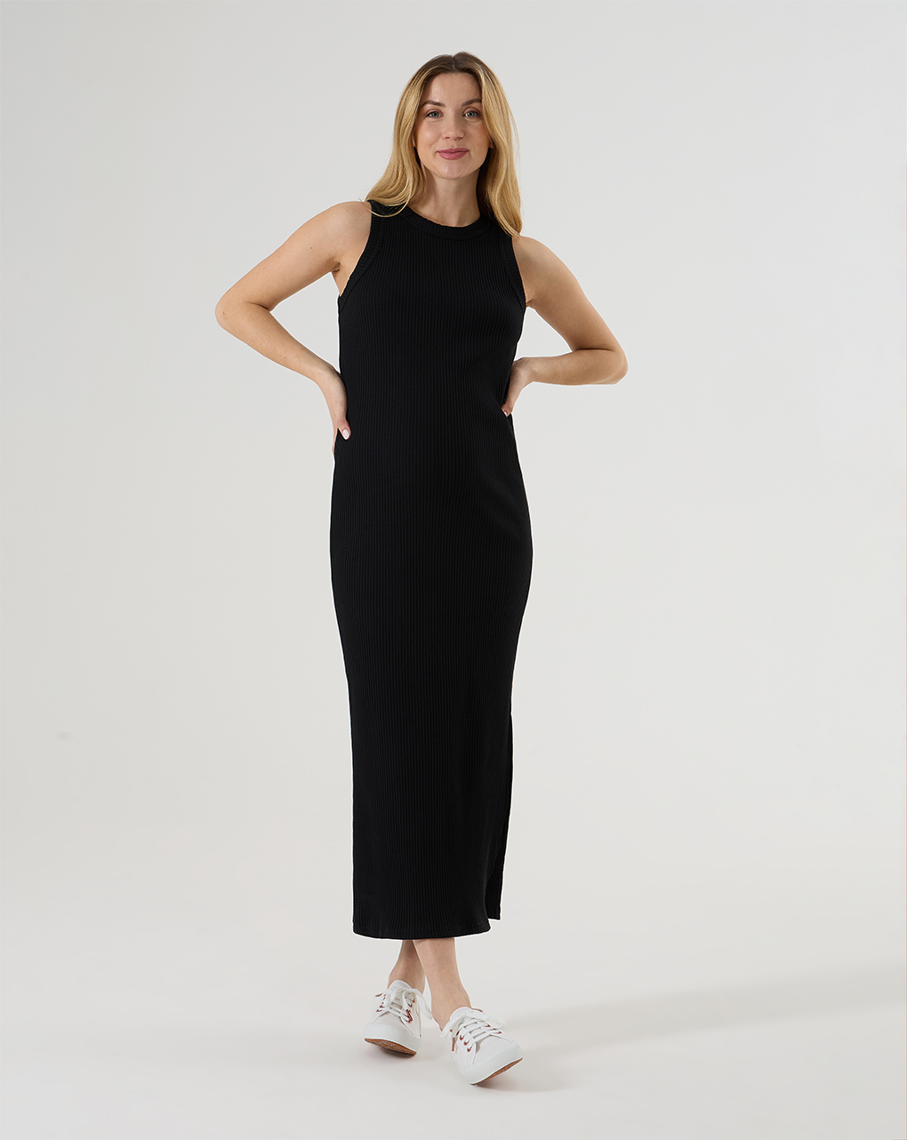 Abito lungo premaman nero in maglia a coste