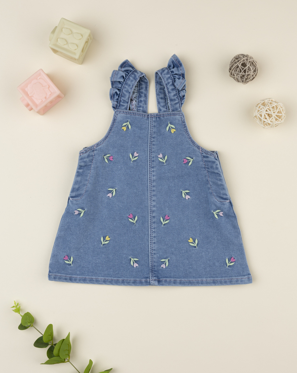 Abito denim bimba ricami allover