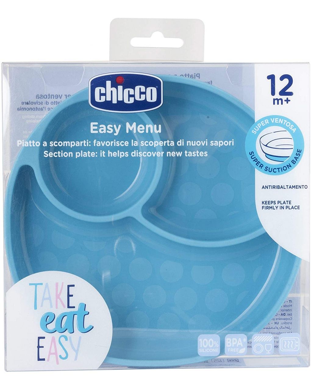 Piatto silicone a scomparti con ventosa 12 mesi + azzurro - chicco