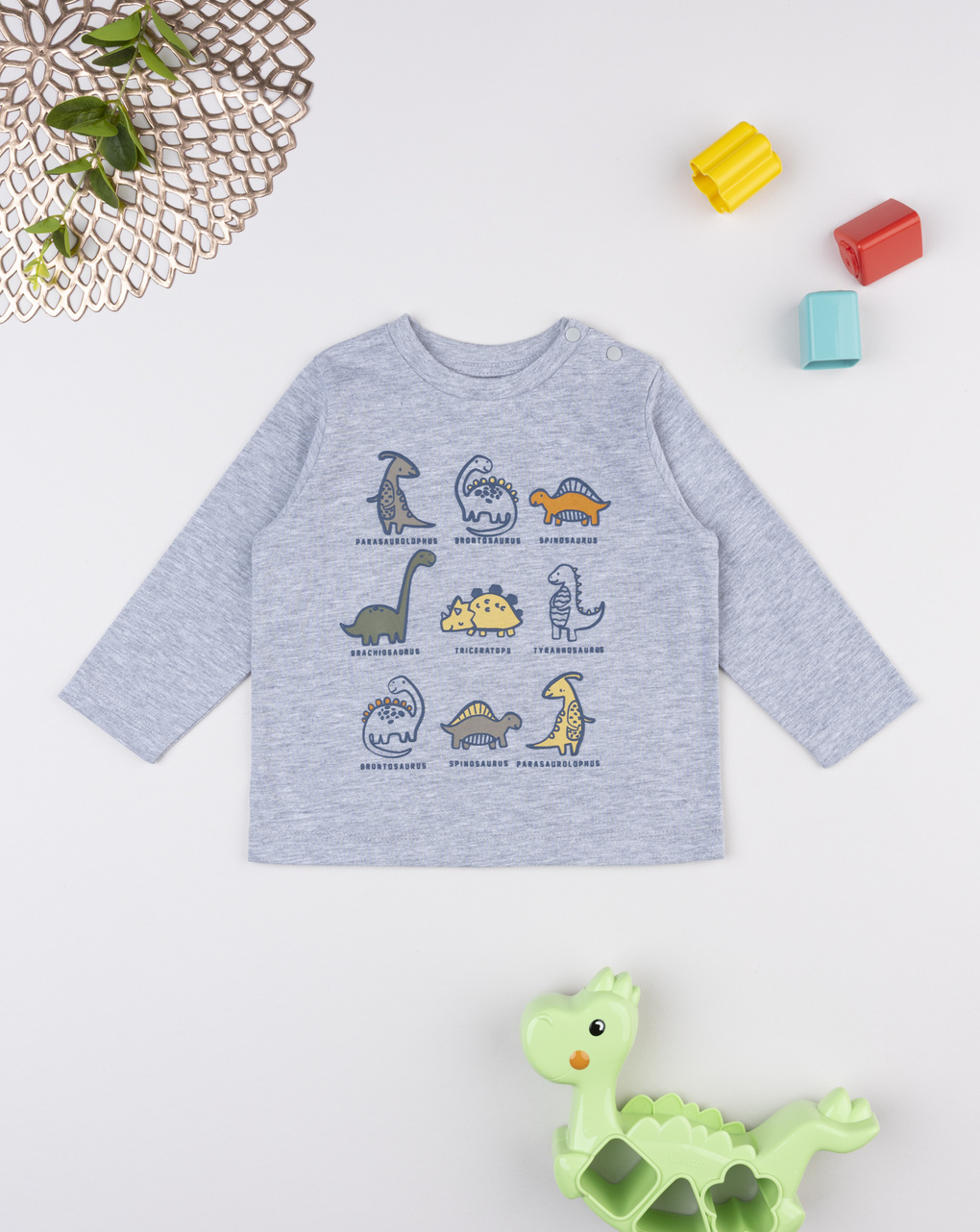 T-shirt bimbo grigia stampata dinosauri