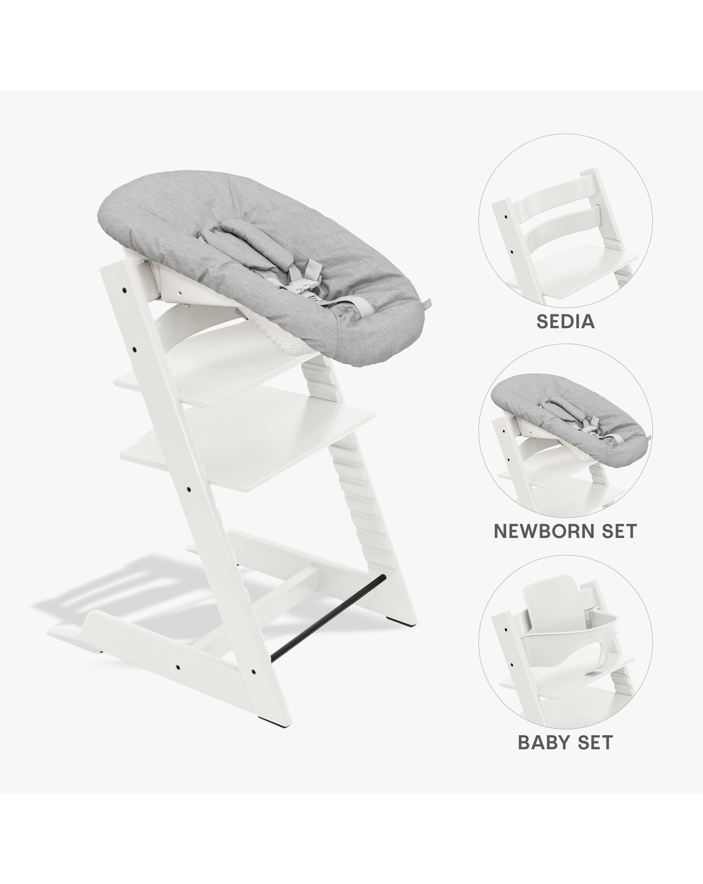 Pack seggiolone tripp trapp® bianco  sedia + babyset + newborn set grigio - personalizzabile - stokke®