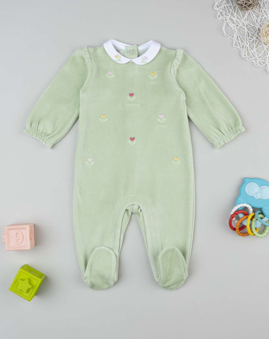 Tutina neonata verde ricami allover