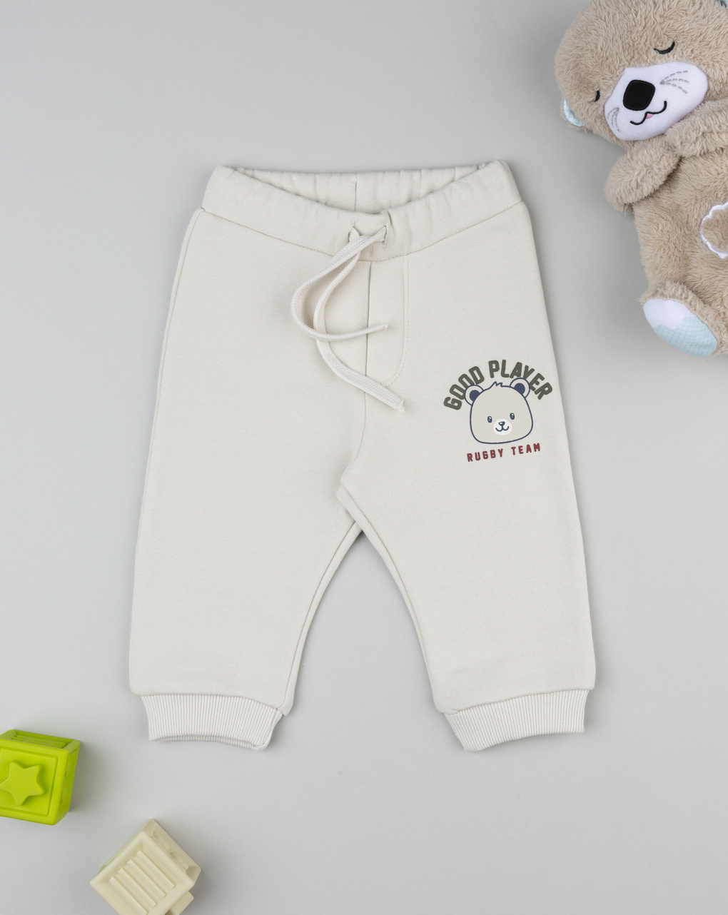 Pantalone felpato bimbo beige con stampa