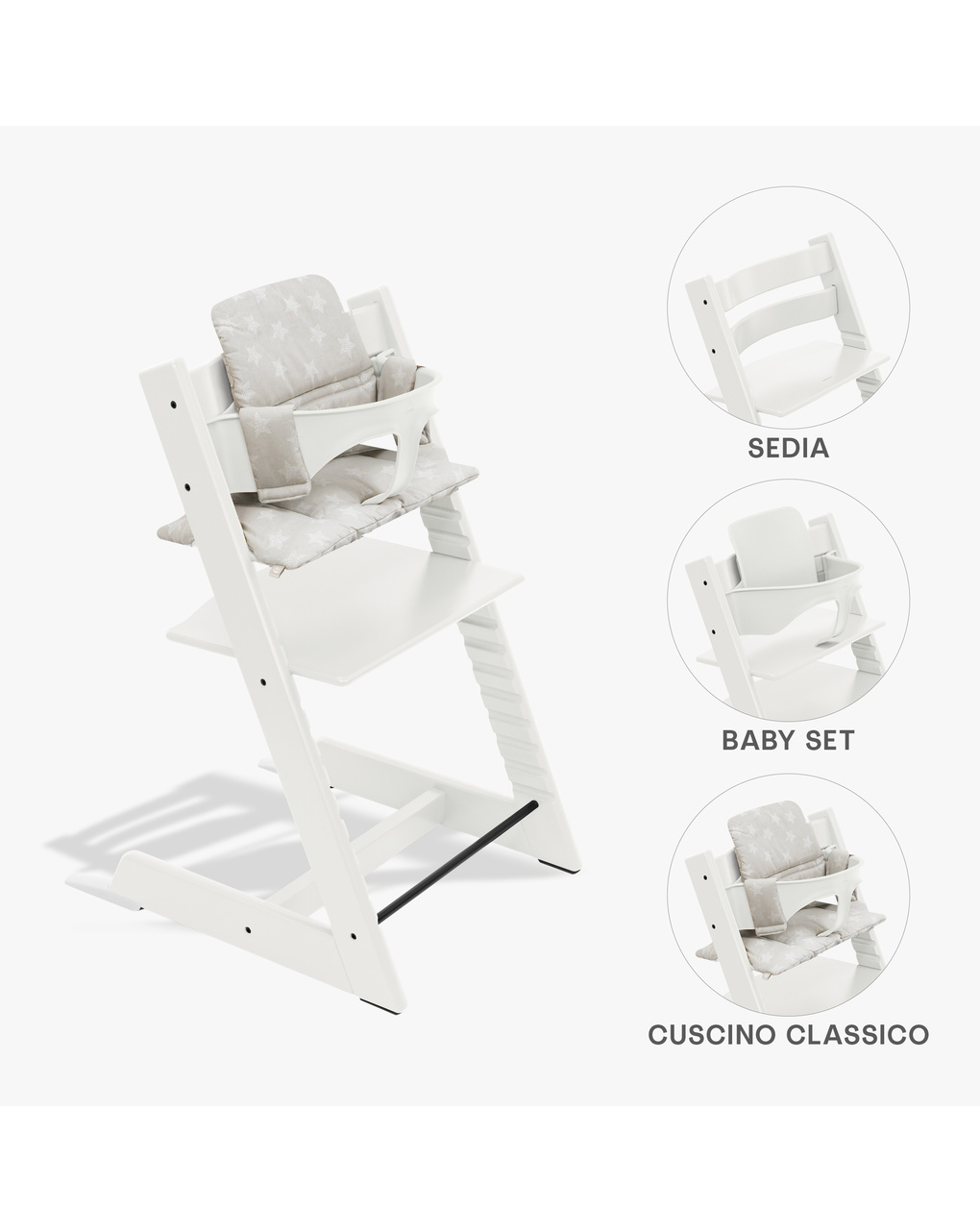 Bundle seggiolone tripp trapp® bianco sedia + babyset + cuscino tripp trapp® star silver – personalizzabile – stokke®
