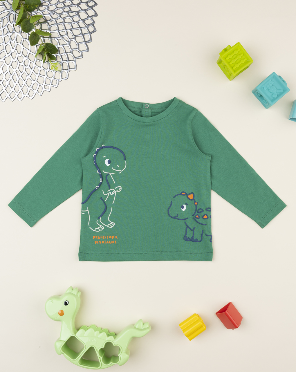 T-shirt bimbo verde stampata dino