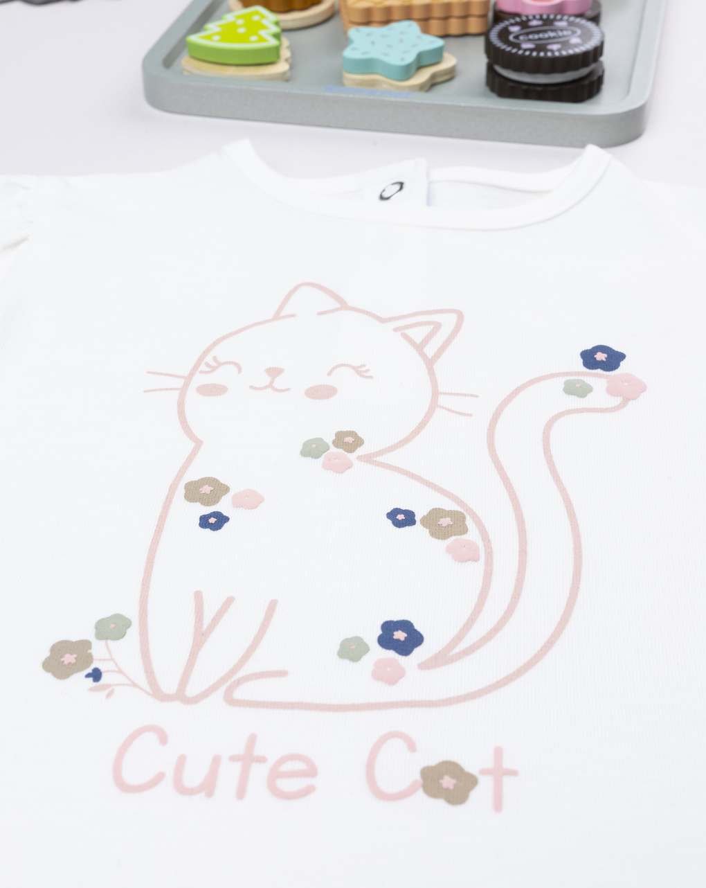 T-shirt bimba bianca stampa gattino