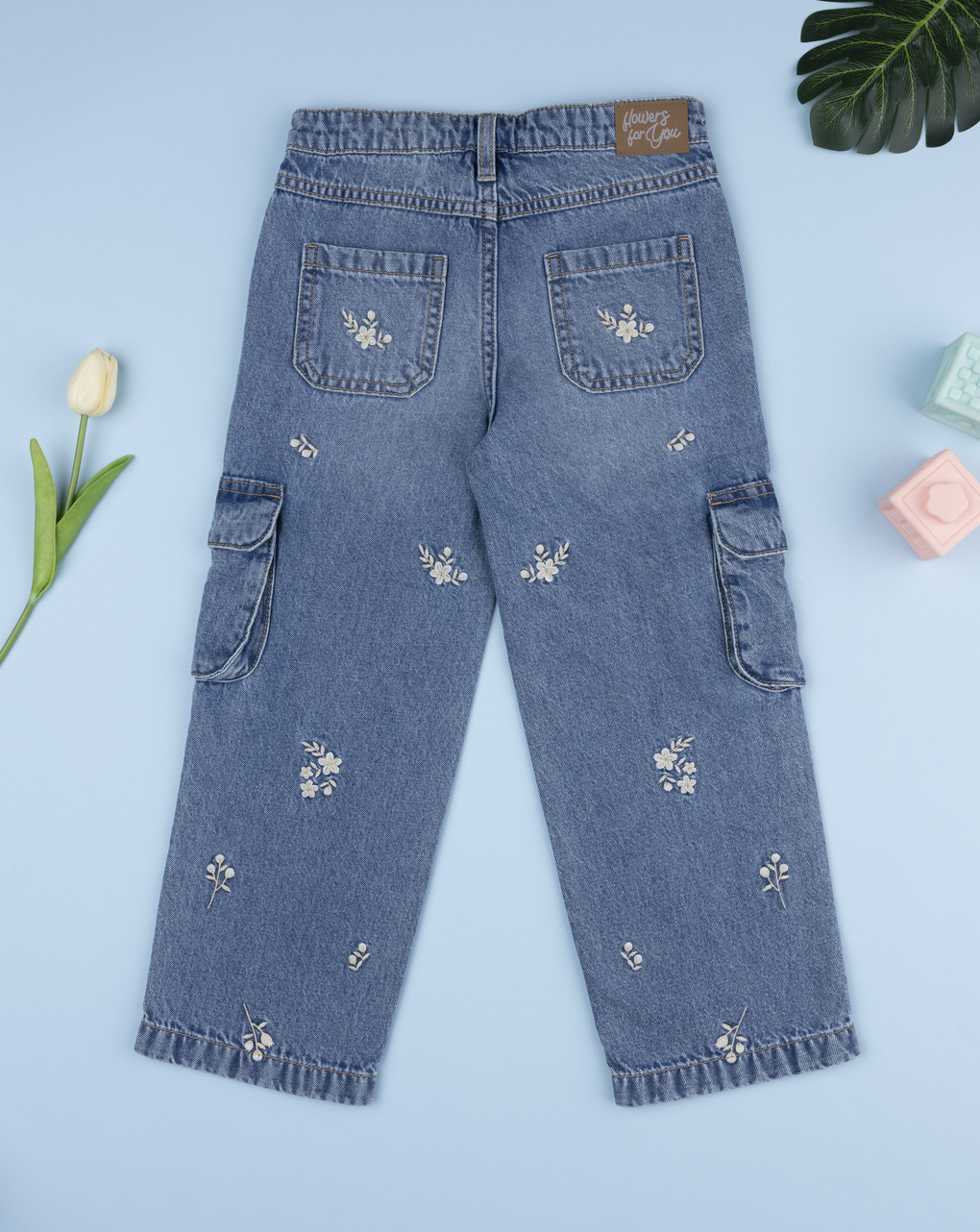 Pantalone cargo denim bimba fiorellini