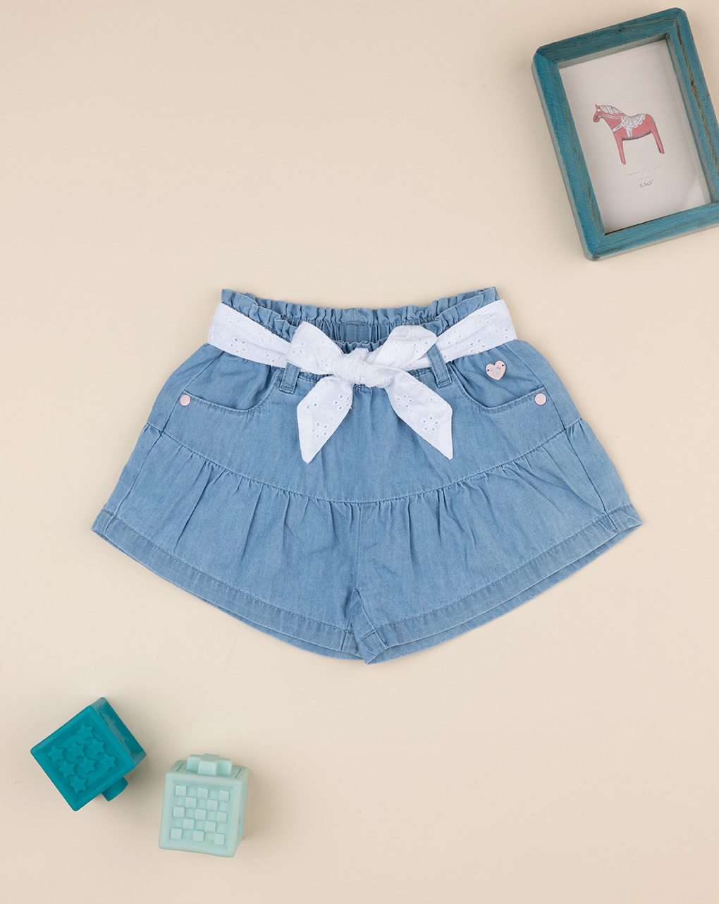 Shorts chambray bimba con fiocco