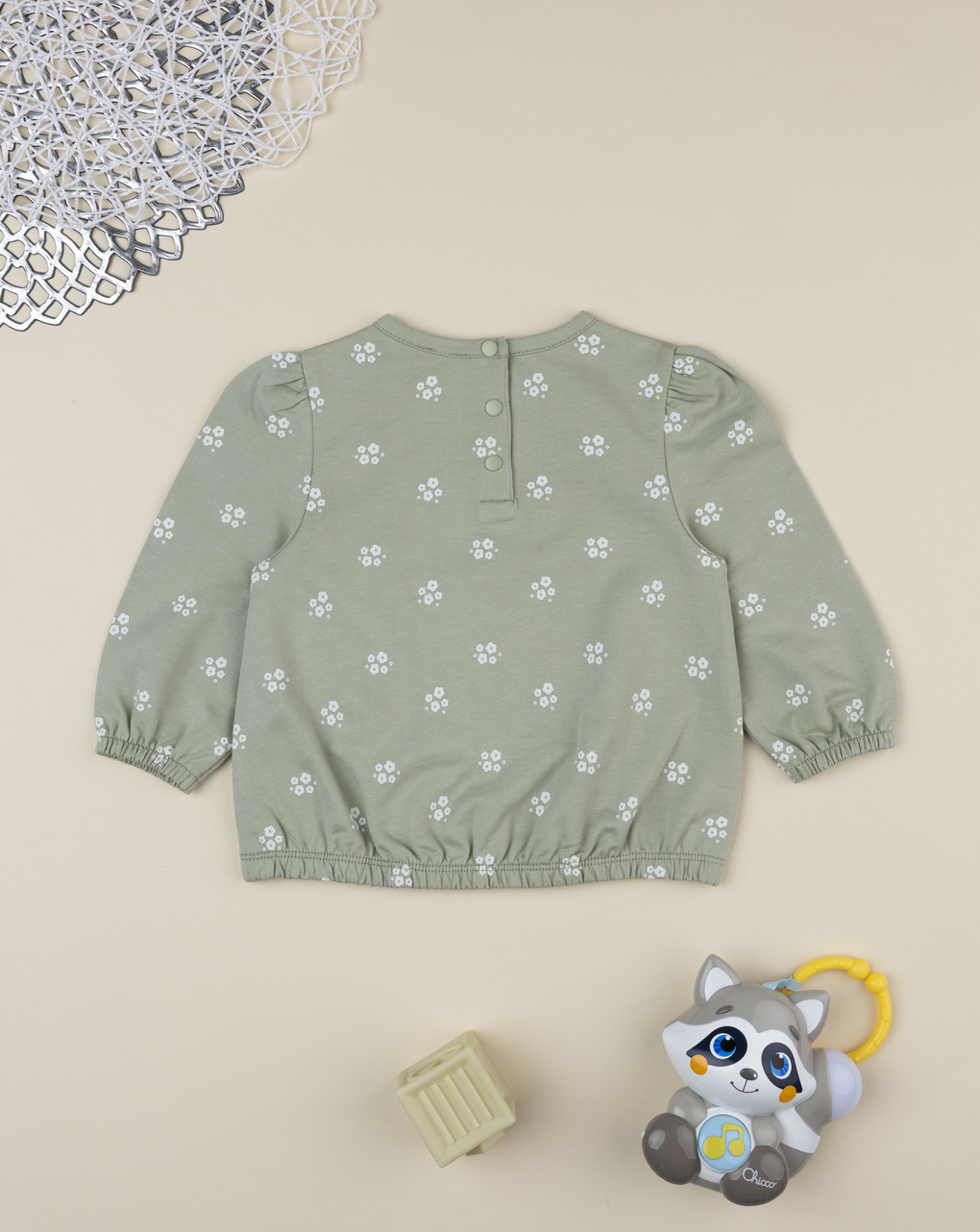 Felpa bimba verde stampa fiori bianchi