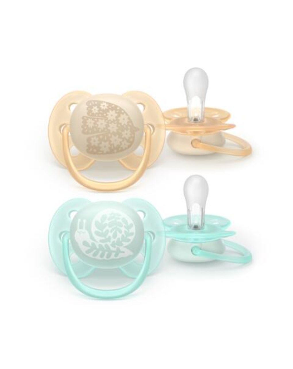 Succhietti ultra soft 0-6m pastello crema e azzurro con decorazioni, a base vegetale - set da 2 ciucci - philips avent