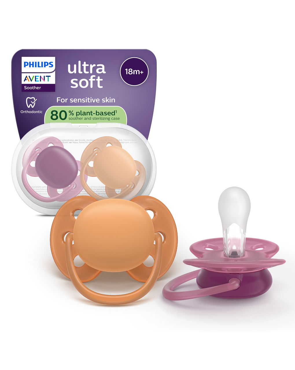 Succhietti ultra soft 18m+ pastello viola e marrone, a base vegetale - set da 2 ciucci - philips avent