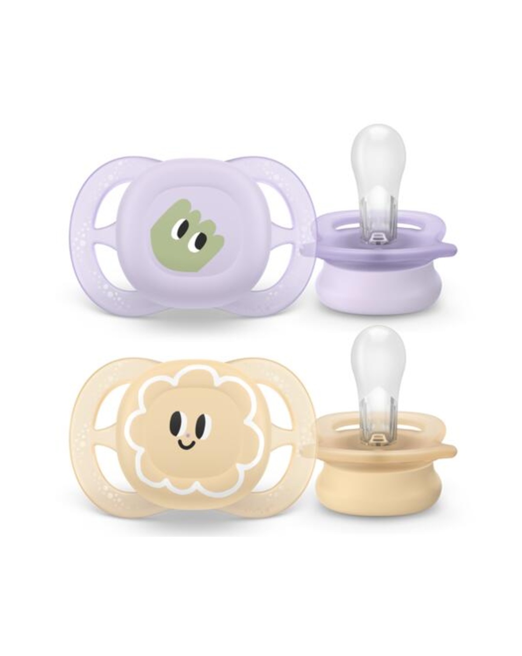 Succhietti ultra start 0-2m day pastello giallo e viola con decorazioni, a base vegetale - set da 2 ciucci - philips avent
