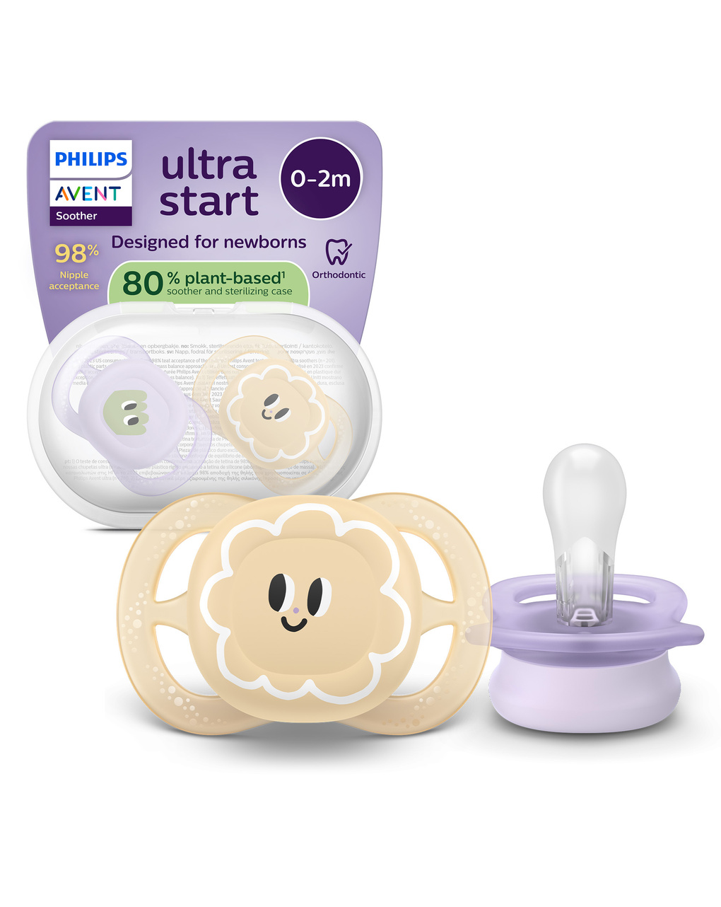Succhietti ultra start 0-2m day pastello giallo e viola con decorazioni, a base vegetale - set da 2 ciucci - philips avent