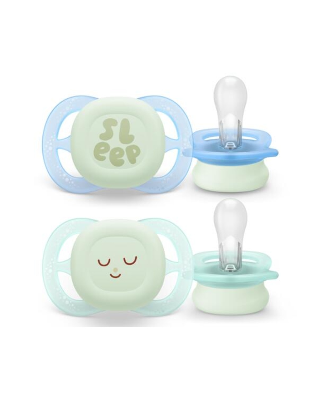 Succhietti ultra start 0-2m night pastello verde e blu smile e sleep, a base vegetale - set da 2 ciucci - philips avent