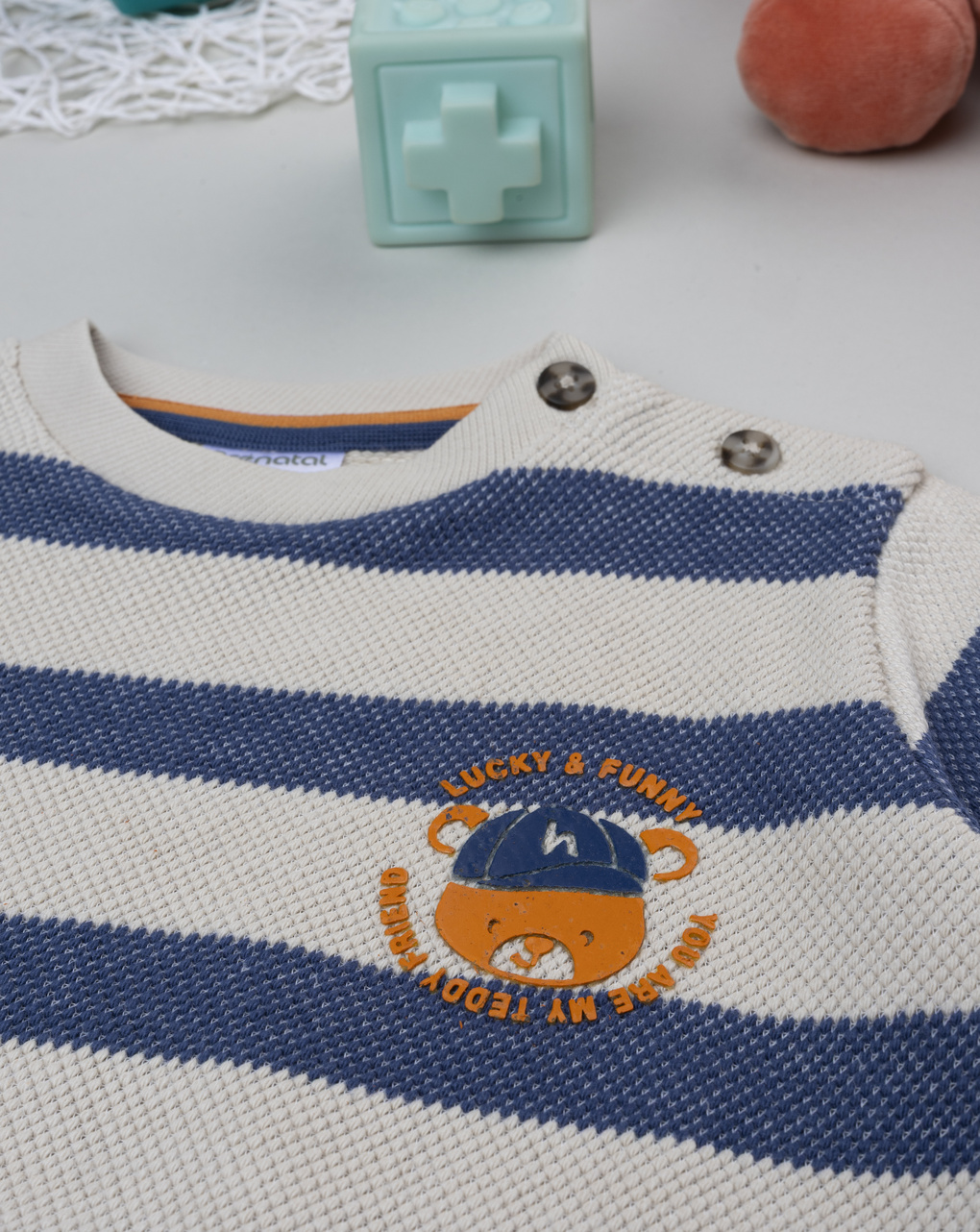 Maglia bimbo rigata blu/beige con stampa