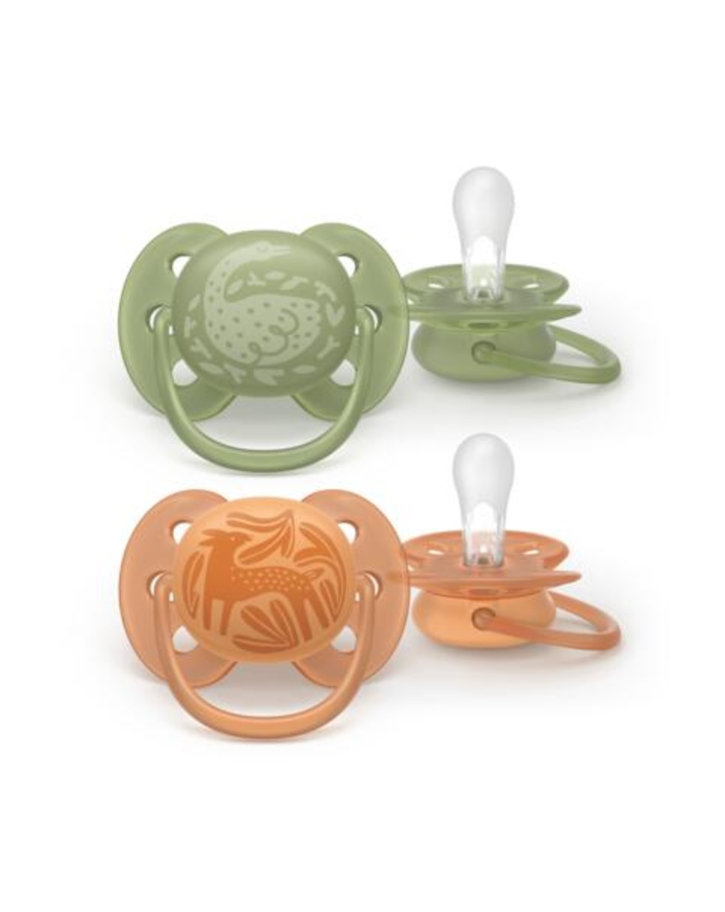 Succhietti ultra soft 18m+ pastello verde e marrone con decorazioni, a base vegetale - set da 2 ciucci - philips avent