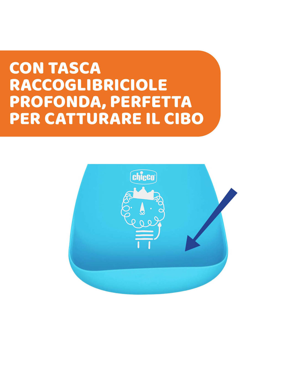 Bavaglino in silicone azzurro 6m+ facile da arrotolare - chicco