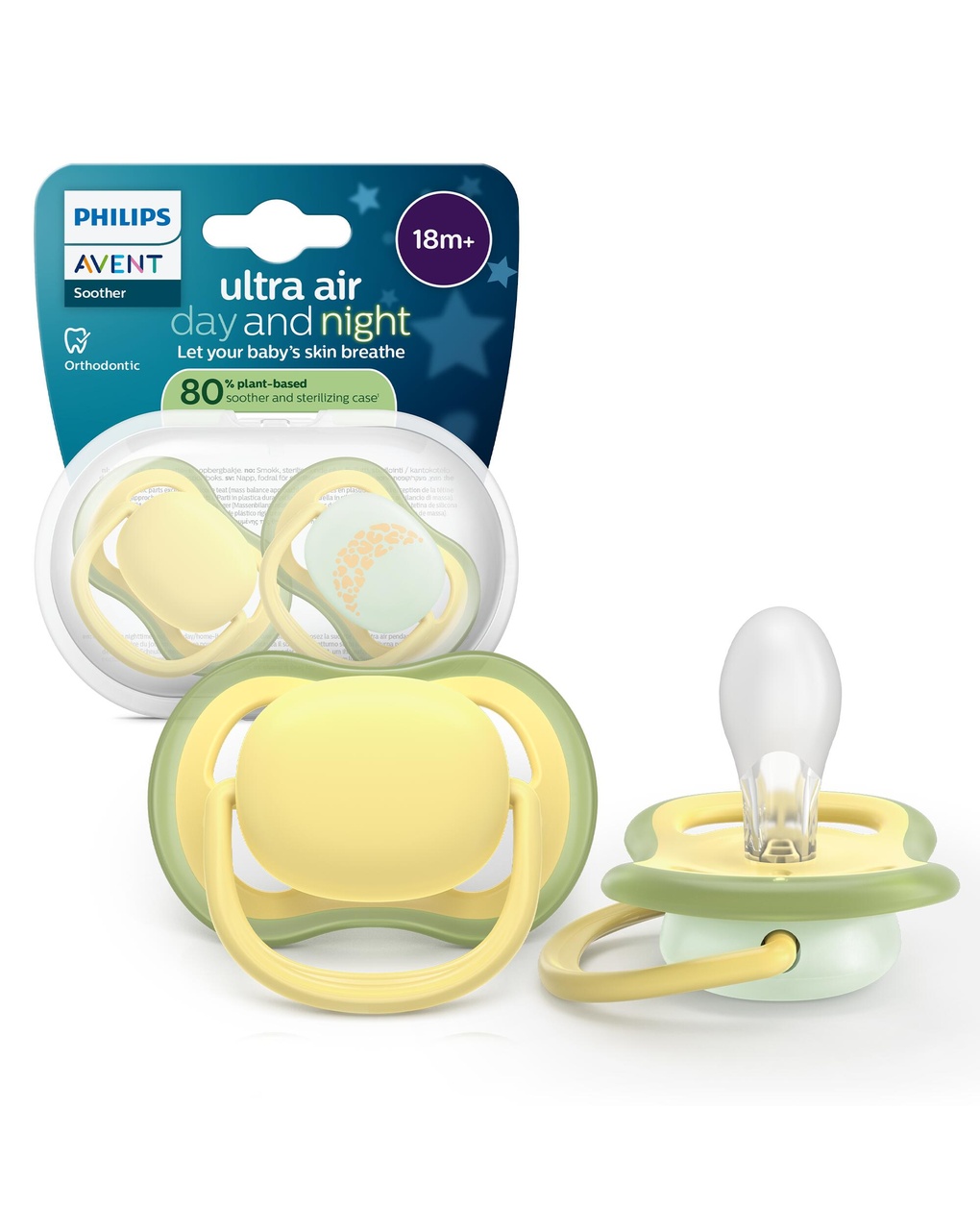 Succhietti ultra air day&night 18m+ pastello giallo e verde con luna, a base vegetale - set da 2 ciucci - philips avent