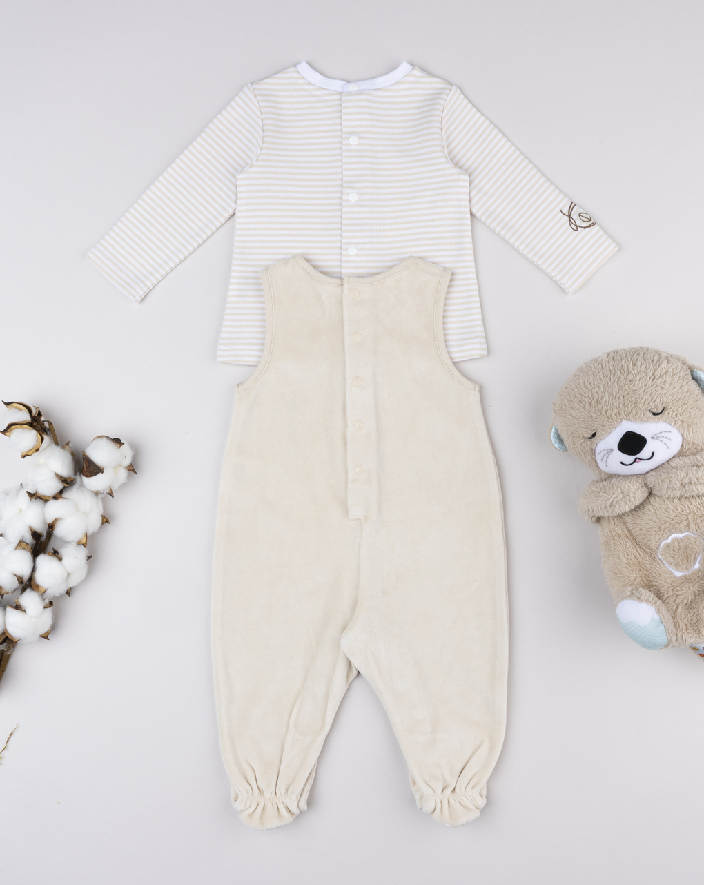 Completo ciniglia beige neonato t-shirt +salopette