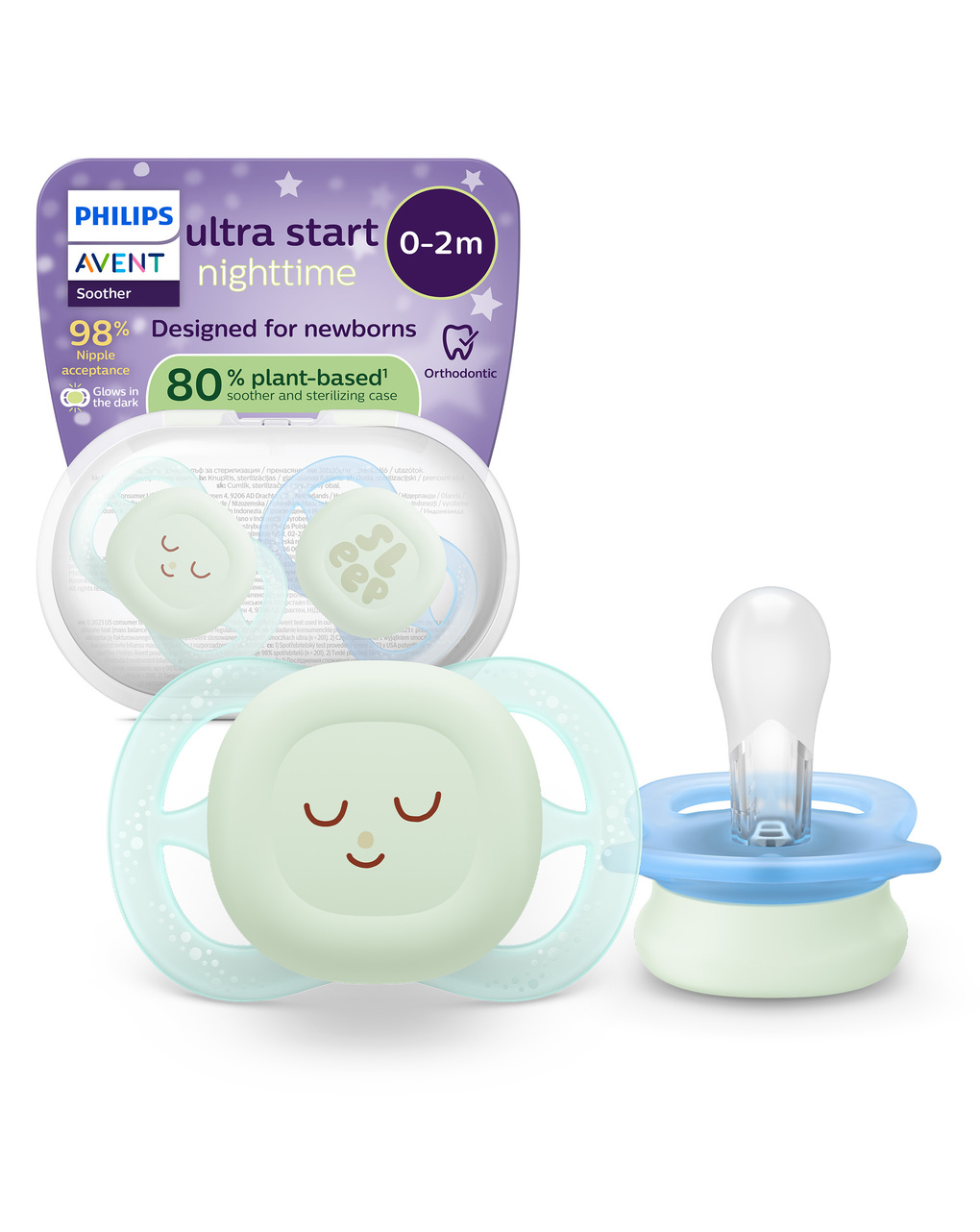 Succhietti ultra start 0-2m night pastello verde e blu smile e sleep, a base vegetale - set da 2 ciucci - philips avent