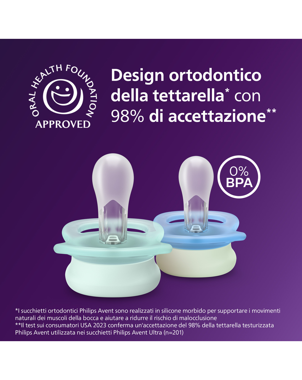 Succhietti ultra start 0-2m night pastello verde e blu smile e sleep, a base vegetale - set da 2 ciucci - philips avent