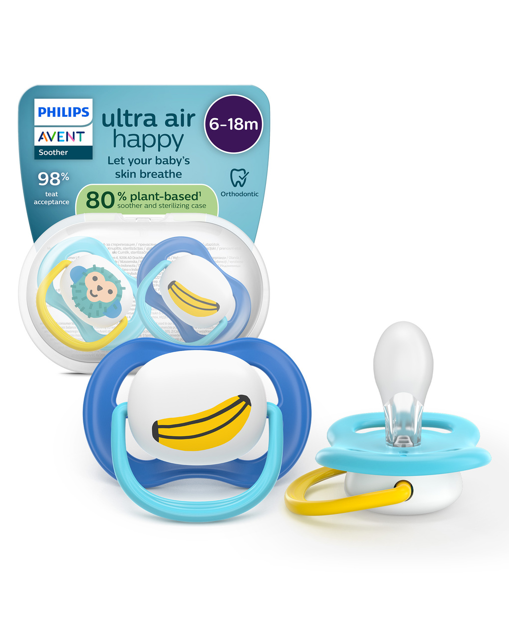 Succhietti ultra air collection 6-18m scimmia e banana, a base vegetale - set da 2 ciucci - philips avent