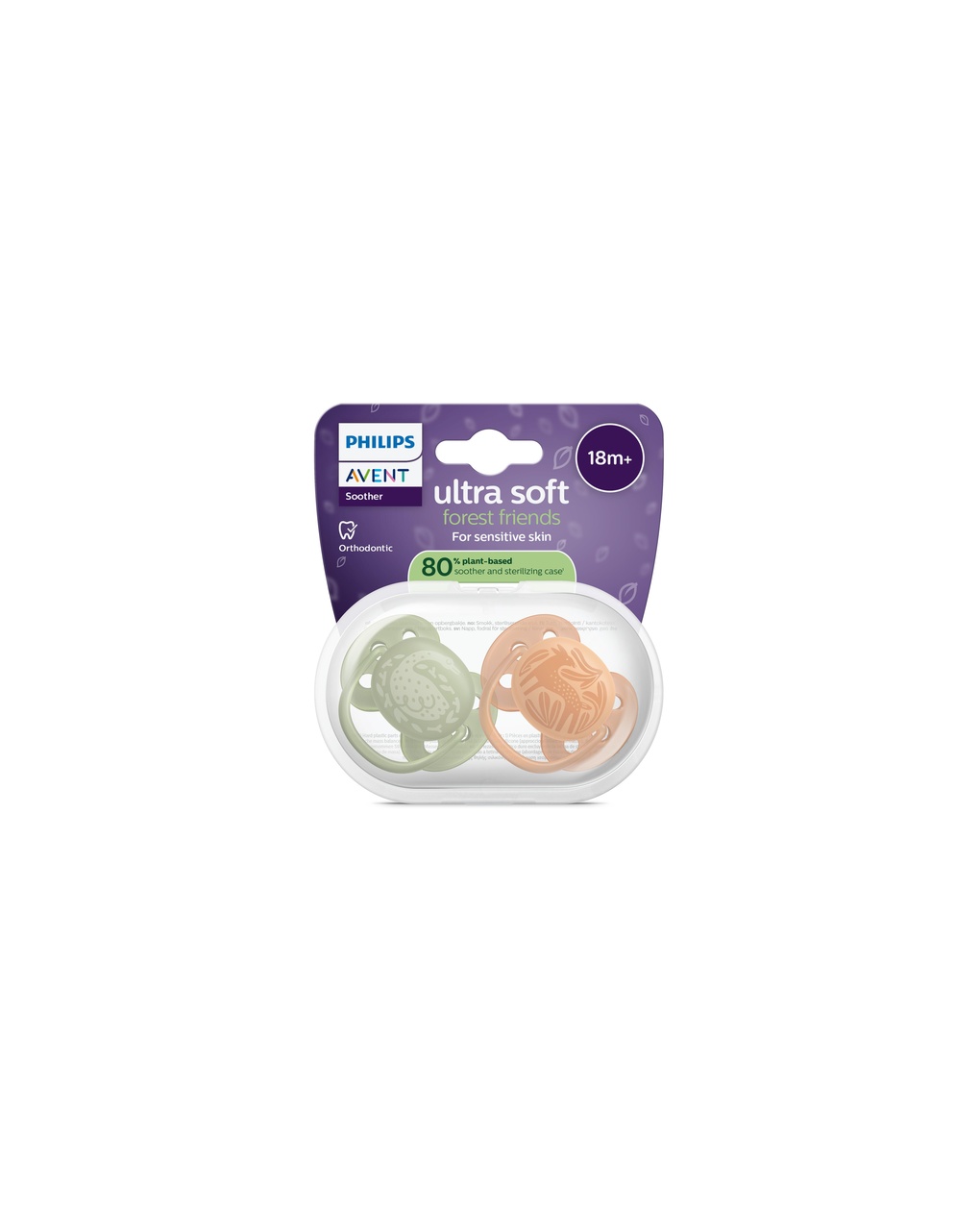 Succhietti ultra soft 18m+ pastello verde e marrone con decorazioni, a base vegetale - set da 2 ciucci - philips avent