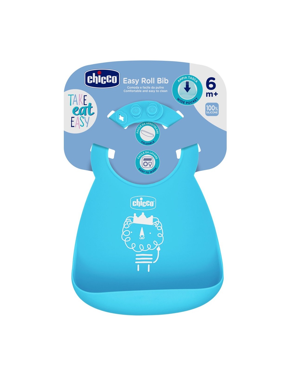 Bavaglino in silicone azzurro 6m+ facile da arrotolare - chicco