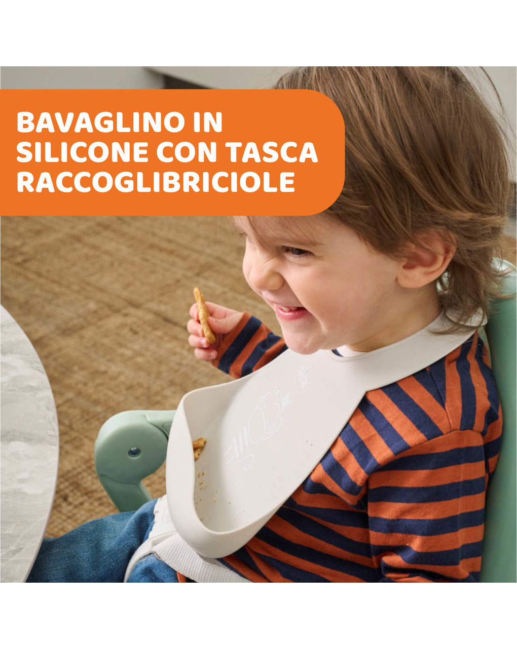 Bavaglino in silicone azzurro 6m+ facile da arrotolare - chicco