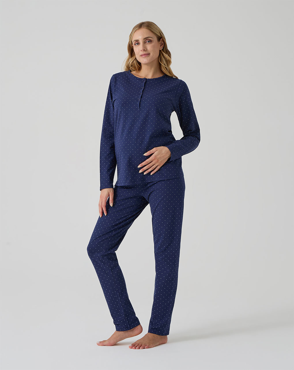 Pigiama due pezzi premaman blu con pois