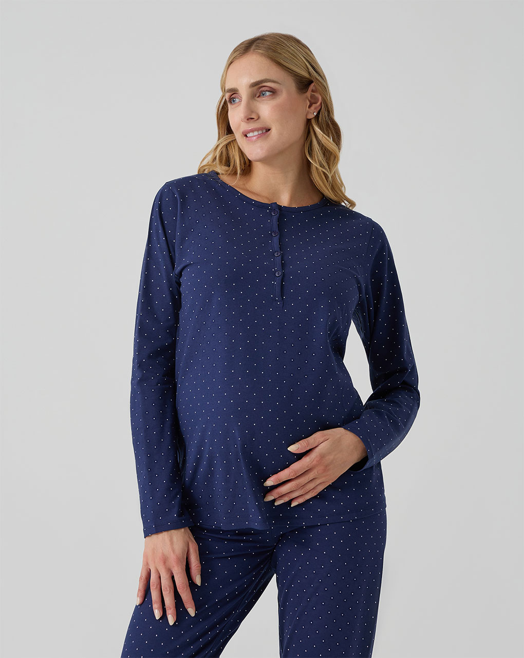 Pigiama due pezzi premaman blu con pois