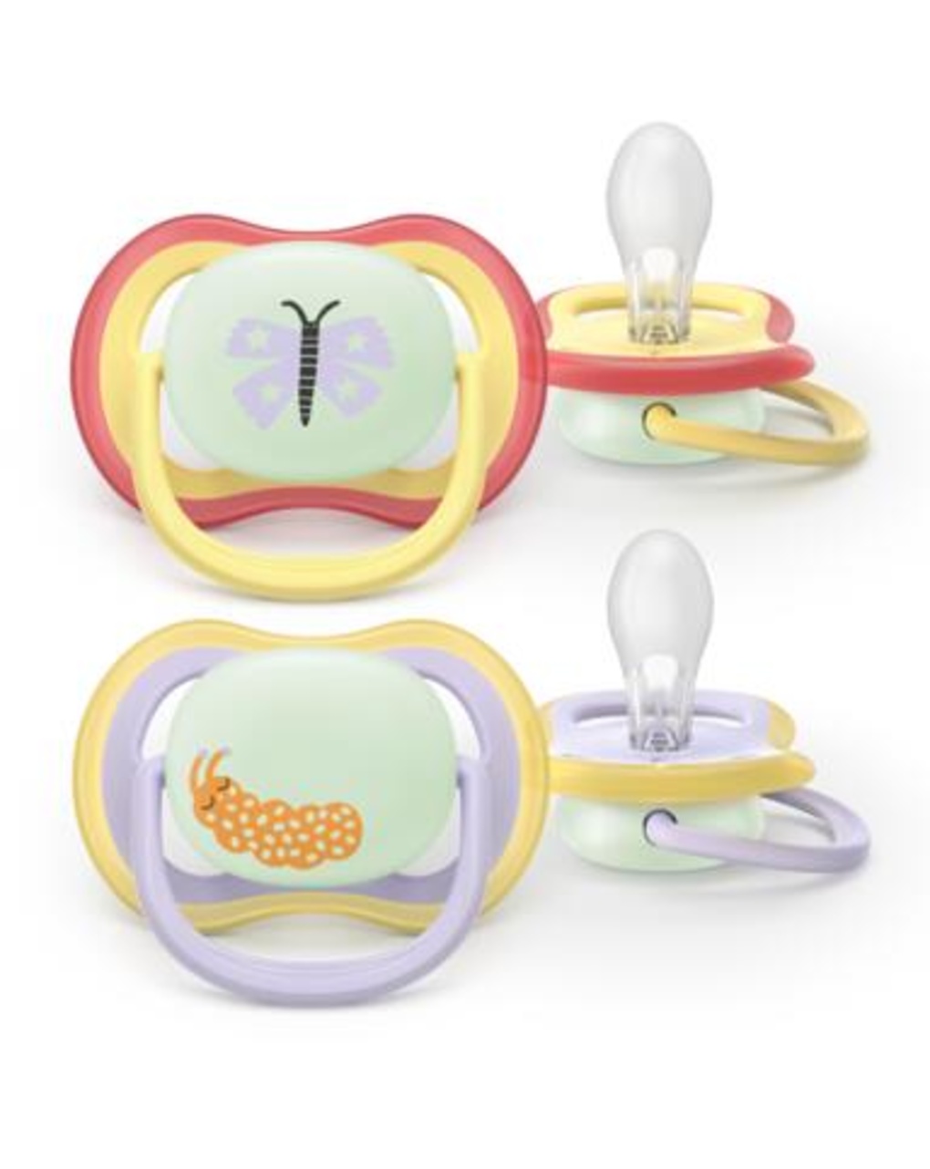Succhietti ultra air night 0-6m farfalla e bruco, a base vegetale - set da 2 ciucci - philips avent