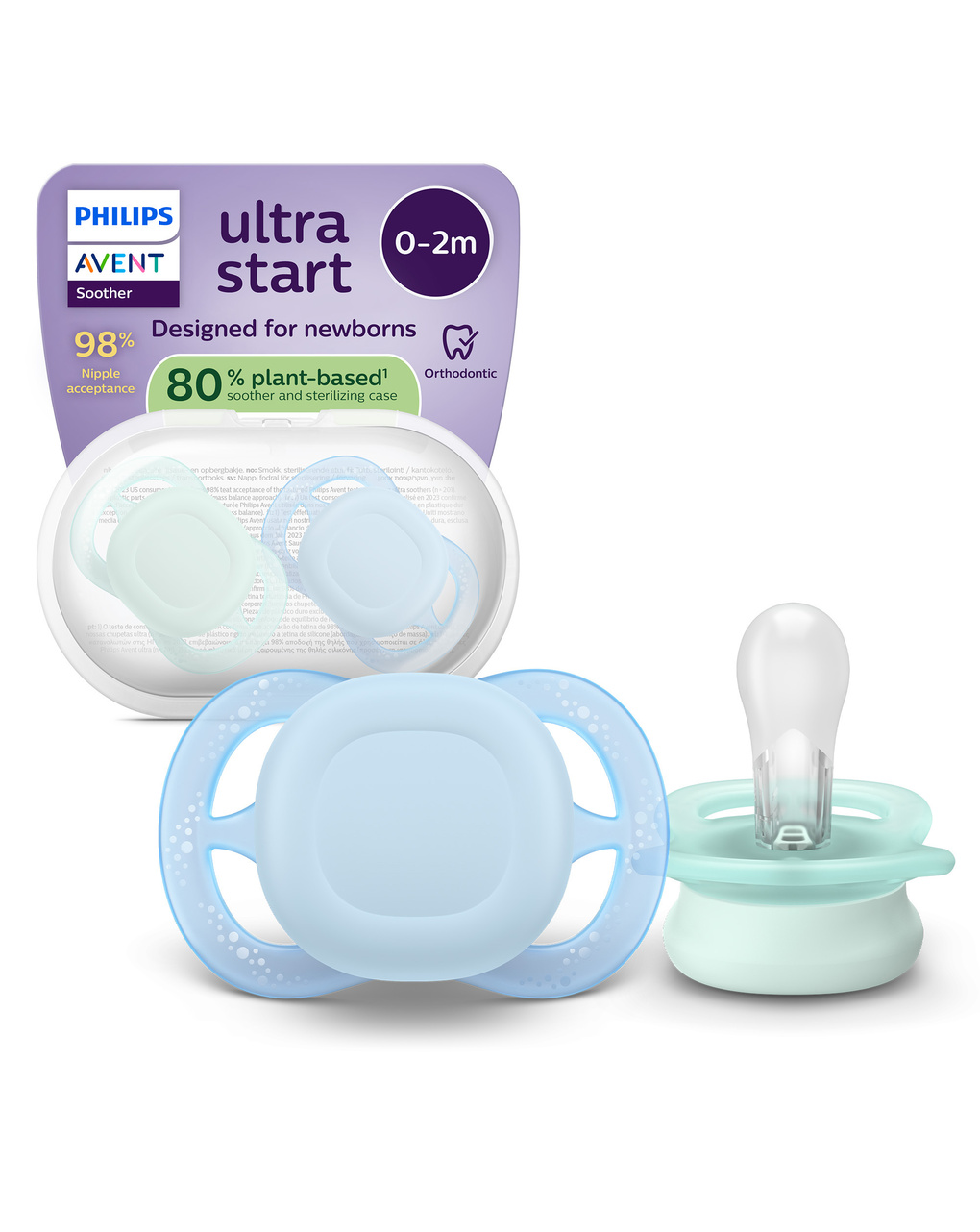 Succhietti ultra start 0-2m day pastello verde e blu , a base vegetale - set da 2 ciucci - philips avent