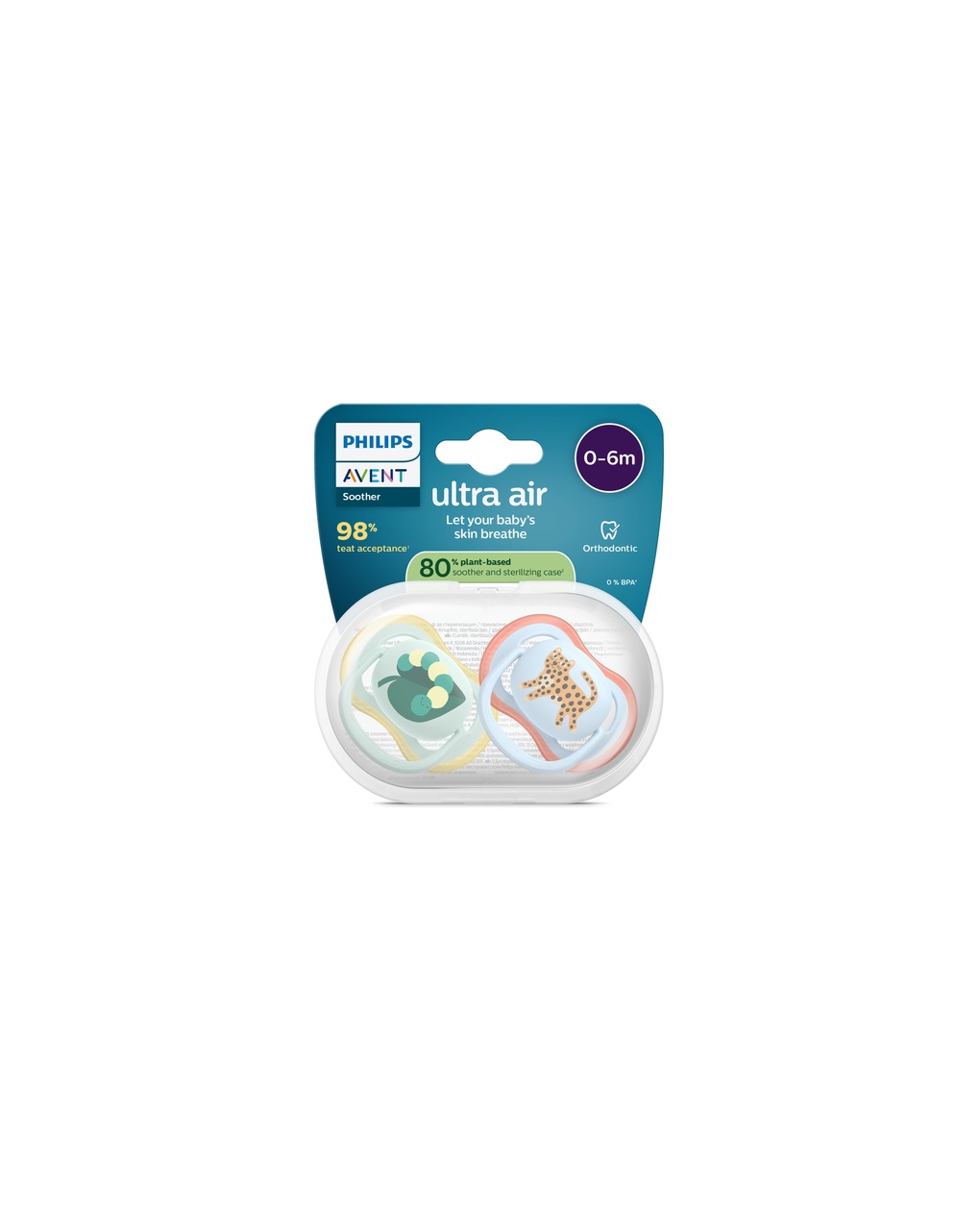 Succhietti ultra air 0-6m foglia e leopardo, a base vegetale - set da 2 ciucci - philips avent