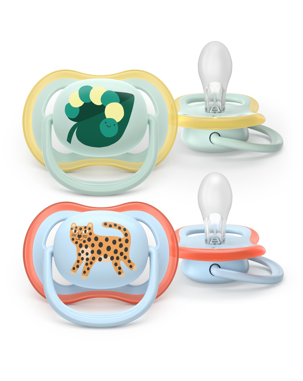 Succhietti ultra air 0-6m foglia e leopardo, a base vegetale - set da 2 ciucci - philips avent