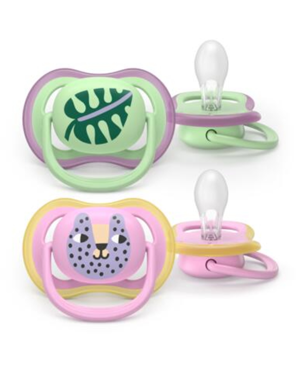 Succhietti ultra air 6-18m foglia e leopardo, a base vegetale - set da 2 ciucci - philips avent