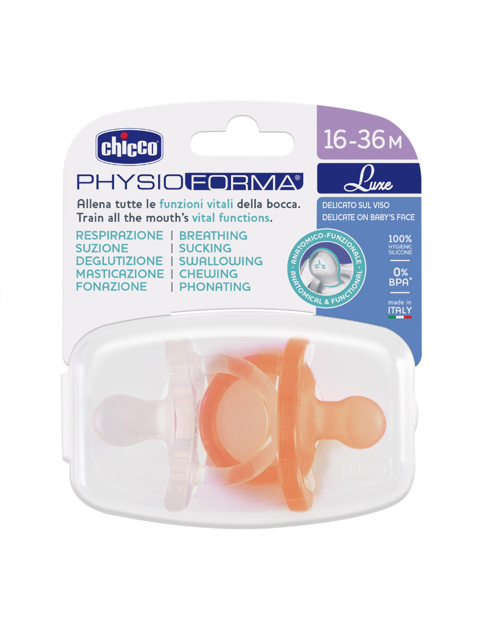 Gommotto silicone luxe 16-36m 2pz arancio/trasparente - chicco