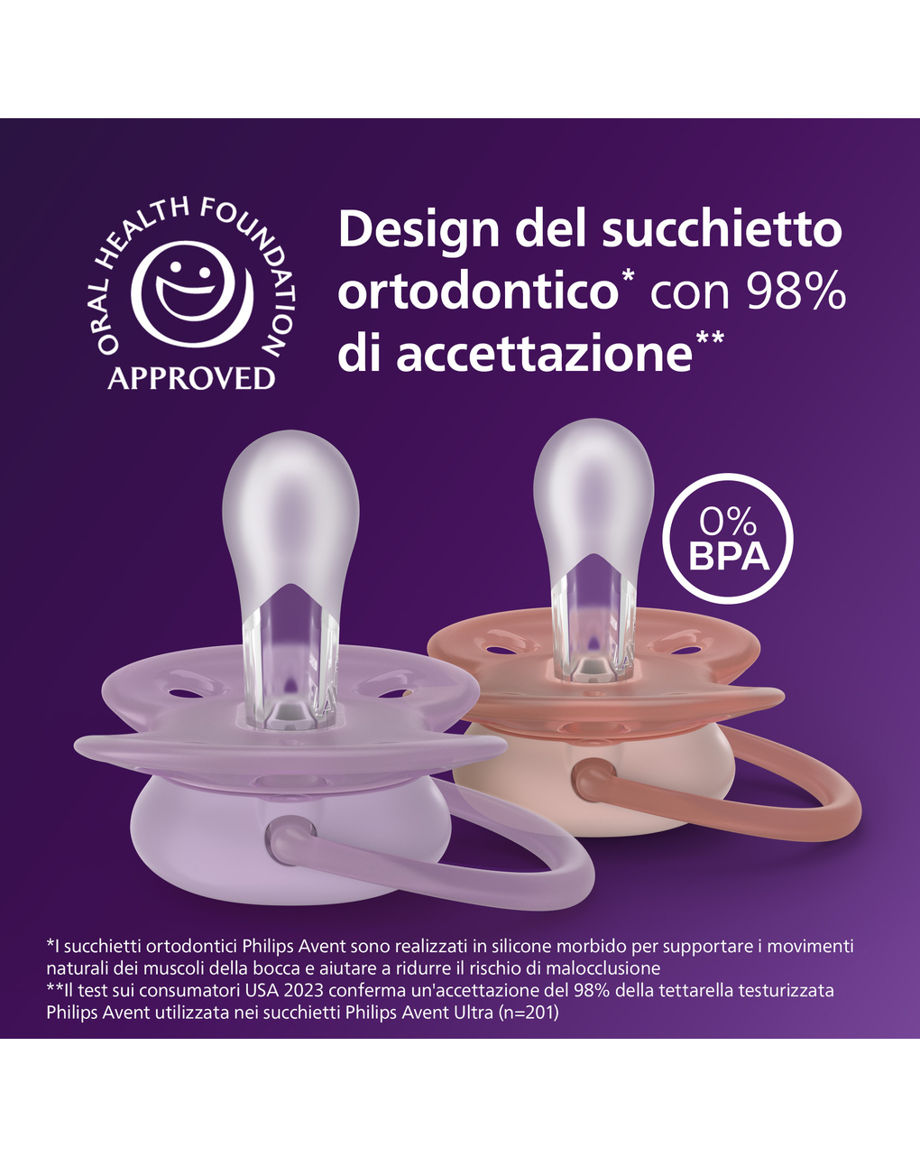 Succhietti ultra soft 6-18m pastello viola e rosso, a base vegetale - set da 2 ciucci - philips avent