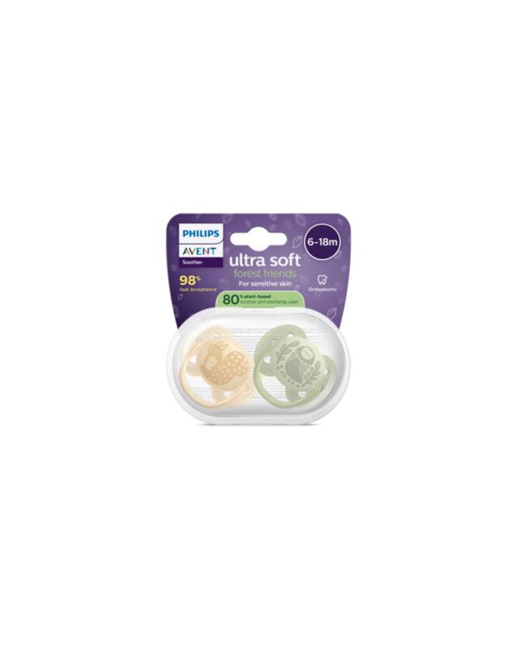 Succhietti ultra soft 6-18m pastello giallo e verde con decorazioni, a base vegetale - set da 2 ciucci - philips avent