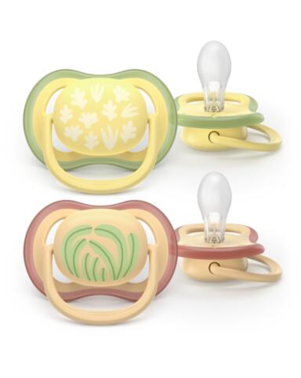 Succhietti ultra air 0-6m  pastello giallo e arancione con foglie, a base vegetale - set da 2 ciucci - philips avent