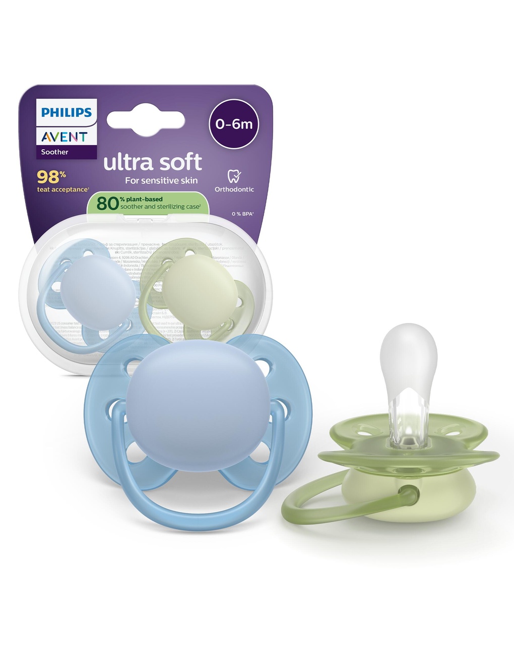 Succhietti ultra soft 0-6m pastello blu e verde, a base vegetale - set da 2 ciucci - philips avent