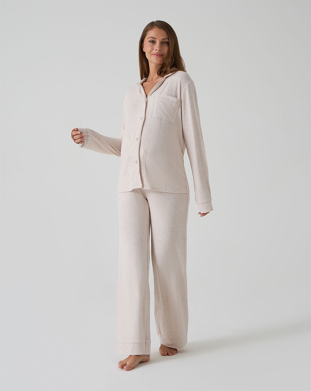 Pigiama lungo premaman fake tricot beige