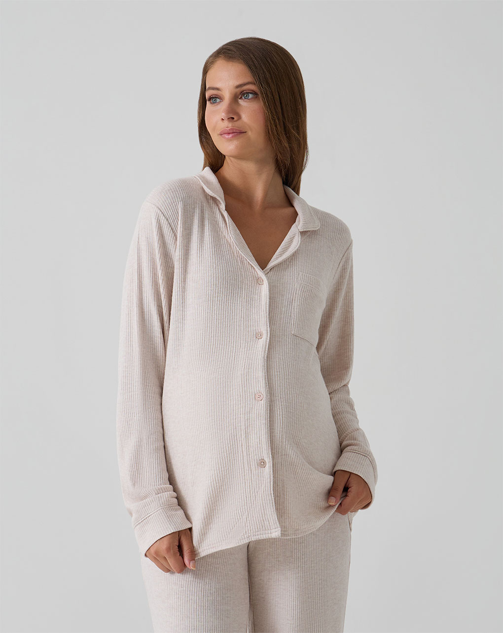 Pigiama lungo premaman fake tricot beige