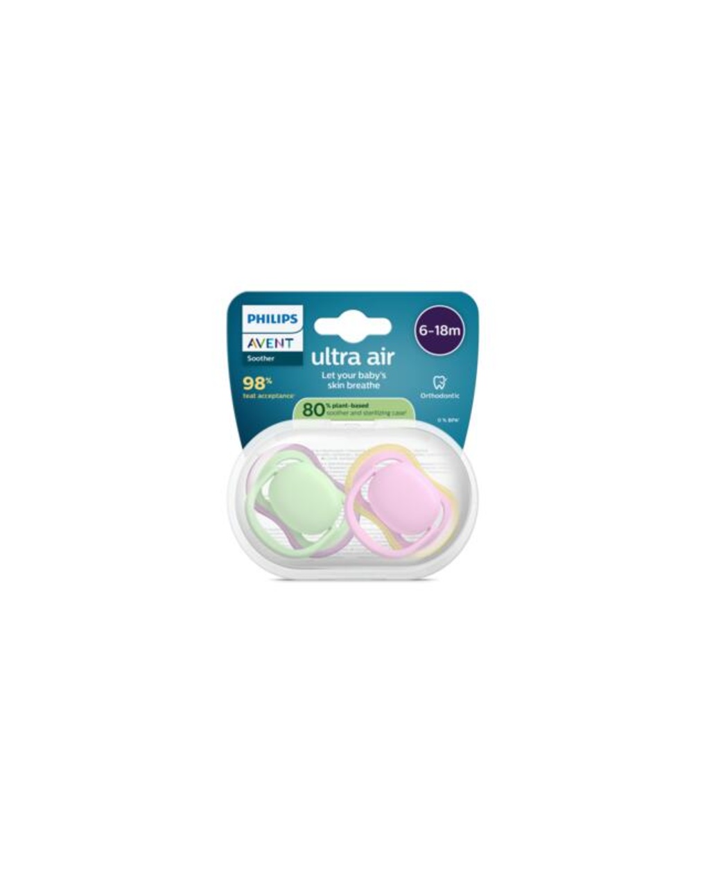 Succhietti ultra air 6-18m verde e rosa, a base vegetale - set da 2 ciucci - philips avent