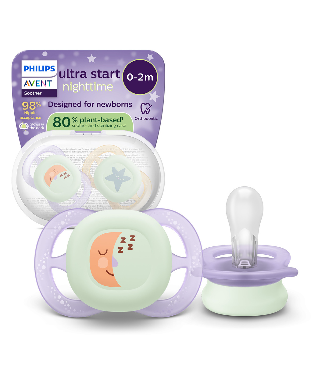 Succhietti ultra start 0-2m night pastello viola e arancione luna e stella, a base vegetale - set da 2 ciucci - philips avent