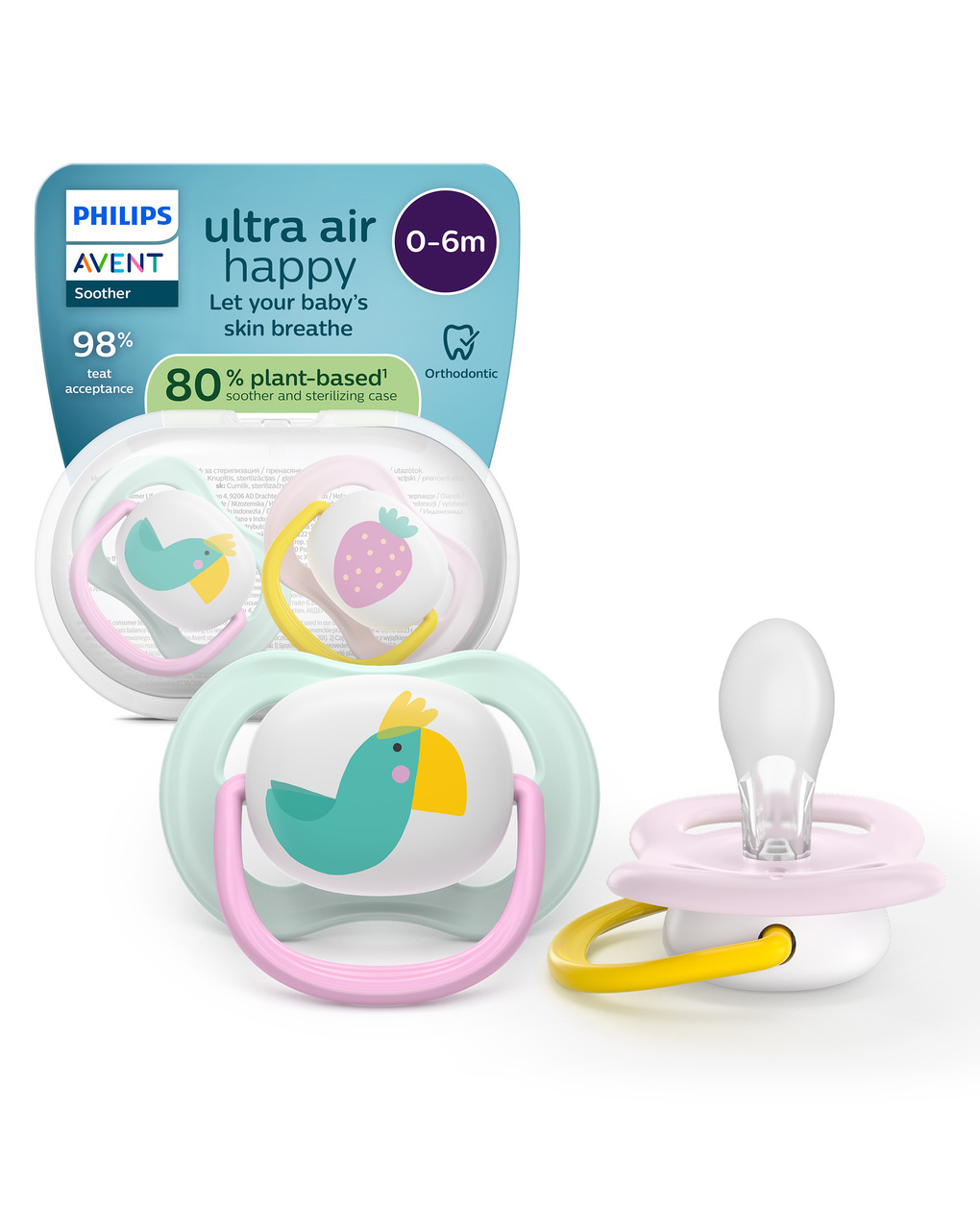 Succhietti ultra air collection 0-6m uccellino e fragola, a base vegetale - set da 2 ciucci - philips avent
