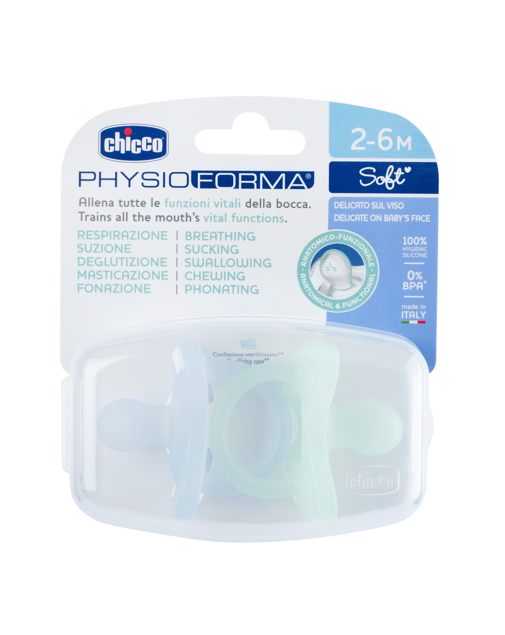 Gommotto physioforma azzuro/verde in silicone 2 pezzi | 2-6 mesi - chicco