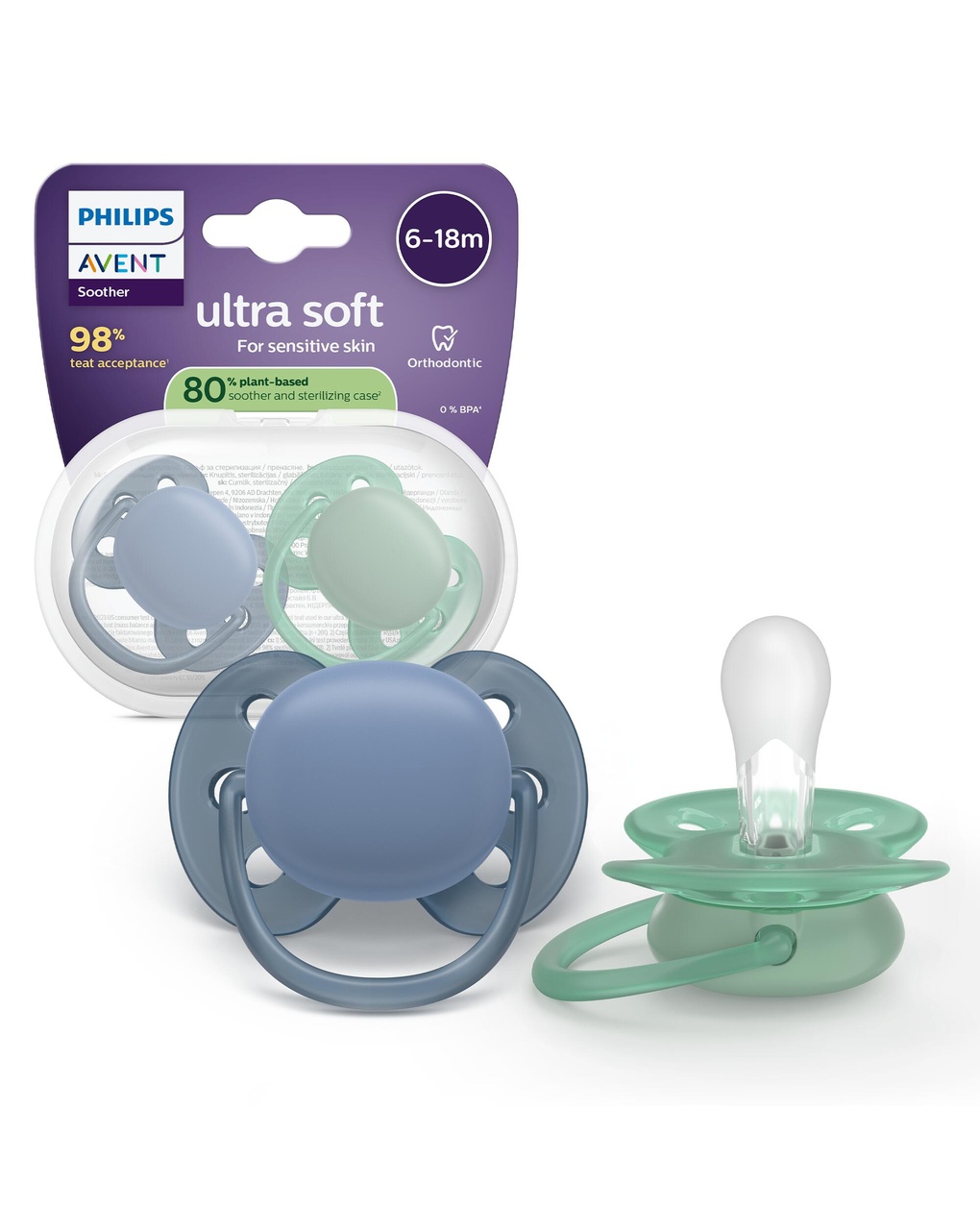 Succhietti ultra soft  6-18m pastello blu e verde, a base vegetale - set da 2 ciucci - philips avent